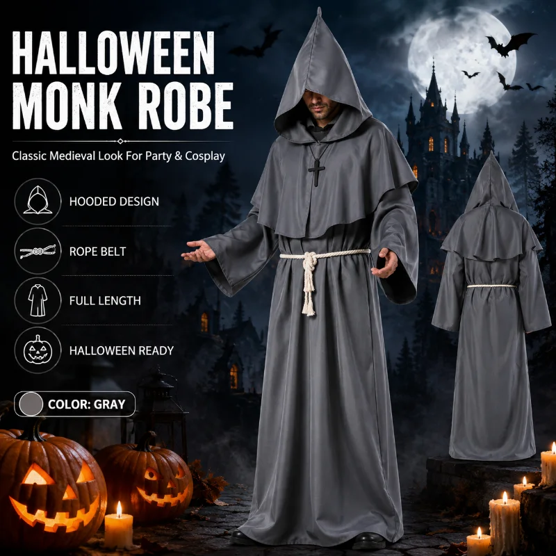 Disfraz de monje con capucha para hombre, disfraz de fraile medieval con cinturón de cuerda para fiesta de disfraces de Halloween
