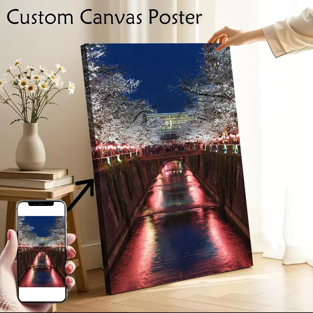 Póster de lienzo con diseño de flores de cerezo de Tokio Meguro sobre un canal, pintura impresa en lienzo, arte de pared para fanáticos, pinturas decorativas, decoración de pared