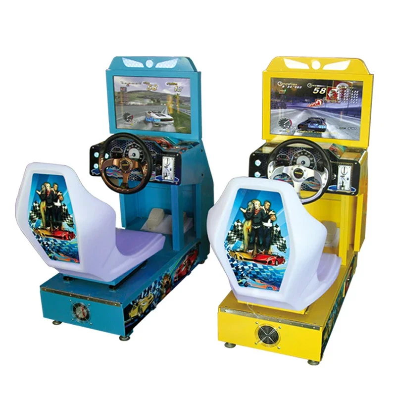 Toss a coin operate an electronic child ride drive a child arcade car race an arcade car simulator around a racing game machine