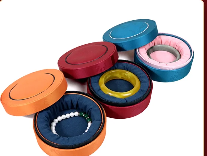 Bamboo pattern Round Jewelry Storage Box with Lid for Bangle Bracelets Women Men, Chinese Style Silk Brocade Boxes