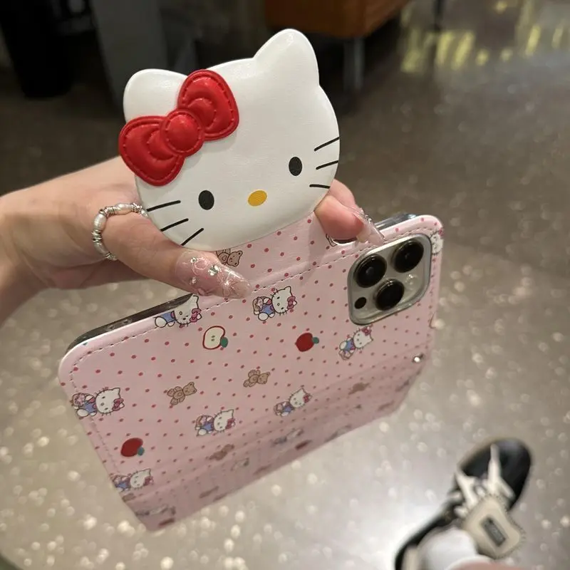 New Cute Hello Kitty Japanese and Korean PU Leather Flip Bow iPhone Case for iPhone 15 Pro Max 15 Plus 15 Pro 15/14/13/12/11