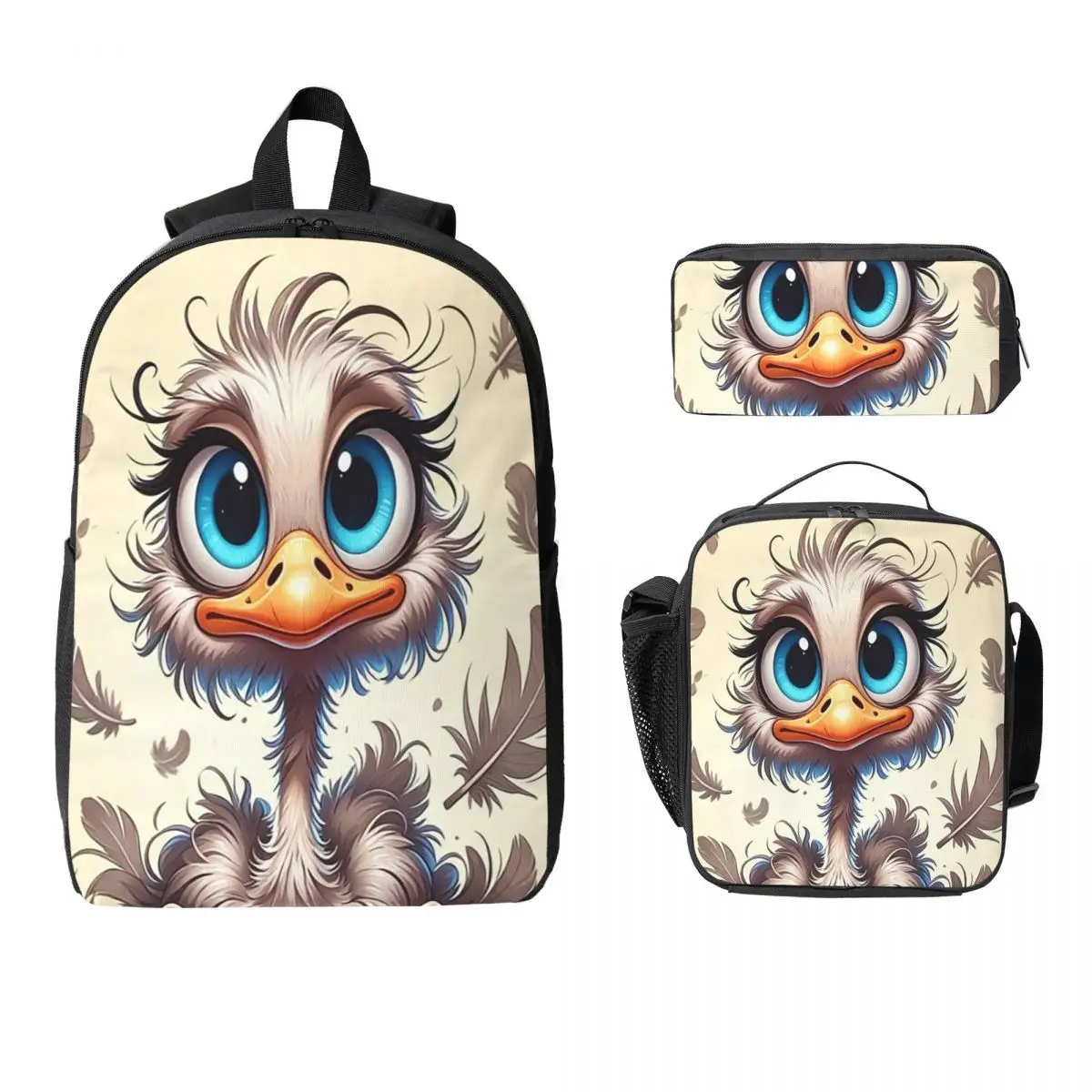 Cartoon Ostrich And Feathers Backpack Student BookBag School Bag Laptop Shoulder Bags 3ps Insulated Lunch Bag Pencil Case