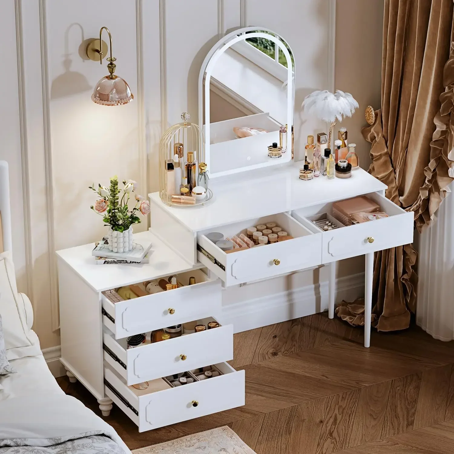 

A White Vanity Desk with 3 Color Touch Screen Dimming Mirror, Modern Retractable Makeup Dressing Table with Power Strip