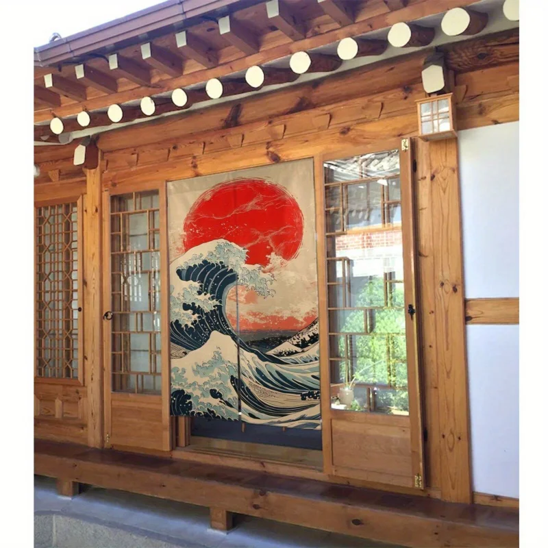 VIKAMA Japanese Ukiyo-e The Great Wave Linen Door Curtain Art Print Room Divider Privacy Screen for Entrance Tea Room