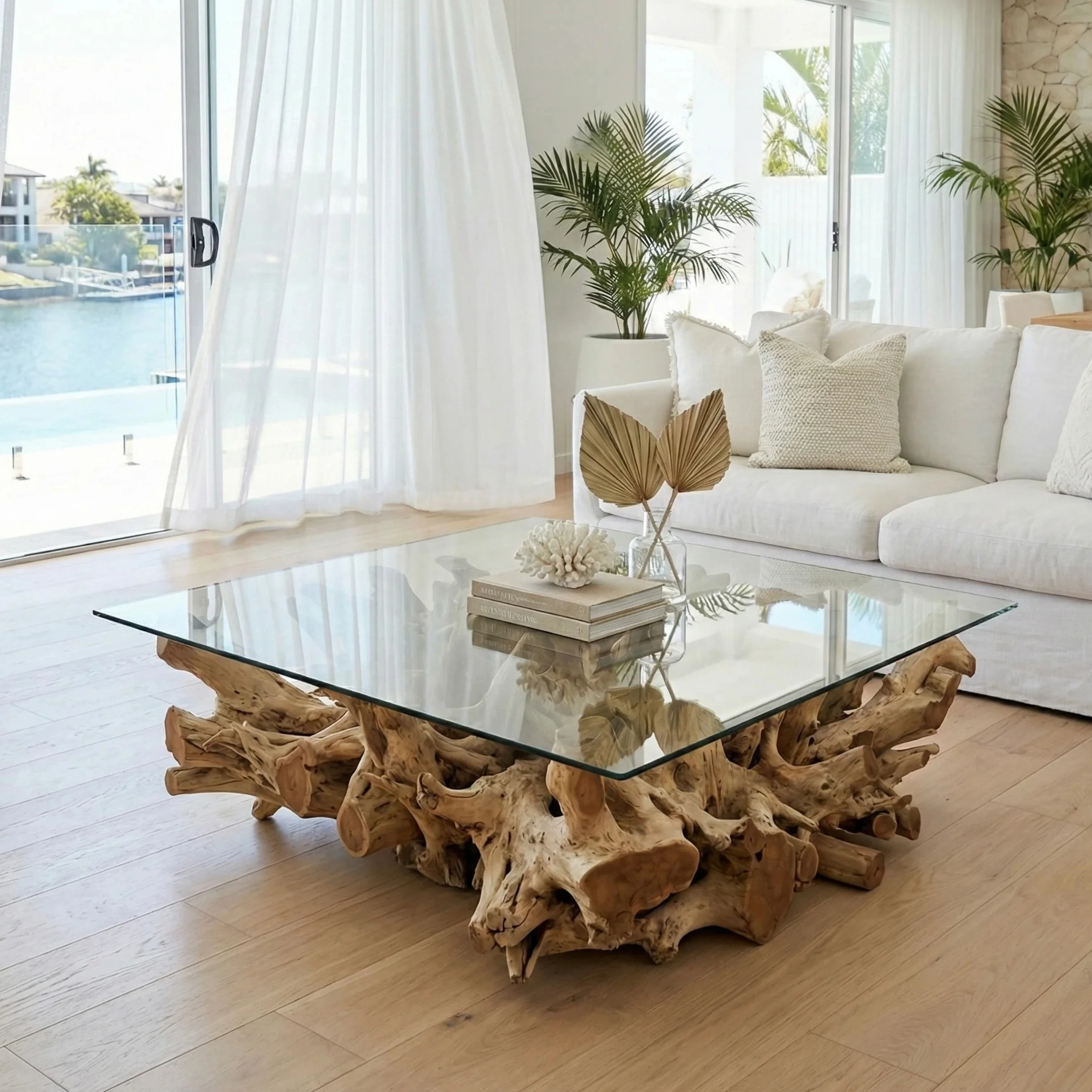 Traditional Natural Elegance Modern Eco-Friendly Living Room Wooden Coffee Table with Glass Top Unique Teak Root Home Decor