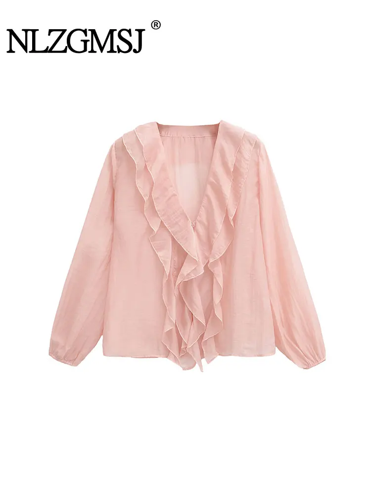 

NLZGMSJ 2025, женские комплектные блузки с рюшами и украшением по краям, повседневная рубашка, топы с длинными рукавами для женщин, женская свободная рубашка