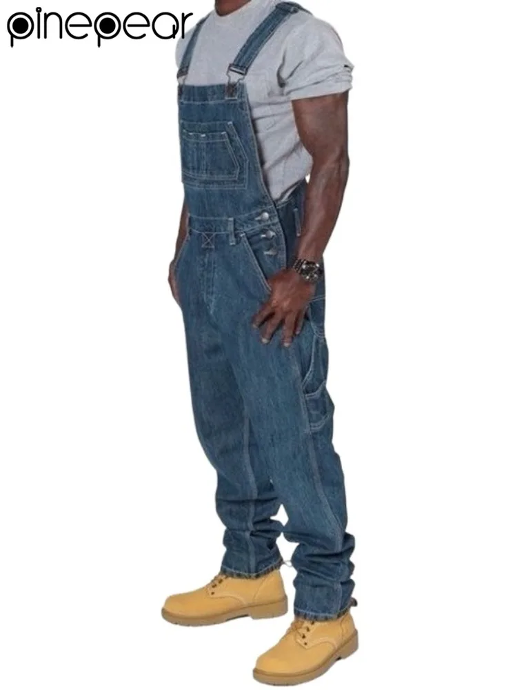 PinePear 2025 NEW Men's Denim Overalls Casual Multiple Pockets Straight Rompers Men Fashion Adjustable Suspenders Jeans For Male