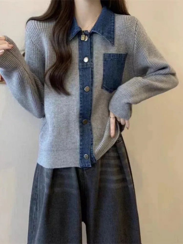 Patchwork Denim Knitted Cardigan Women Polo Collar Sweater Cardigan Female Long Sleeved Knitted Loose Cardigan Autumn Winter