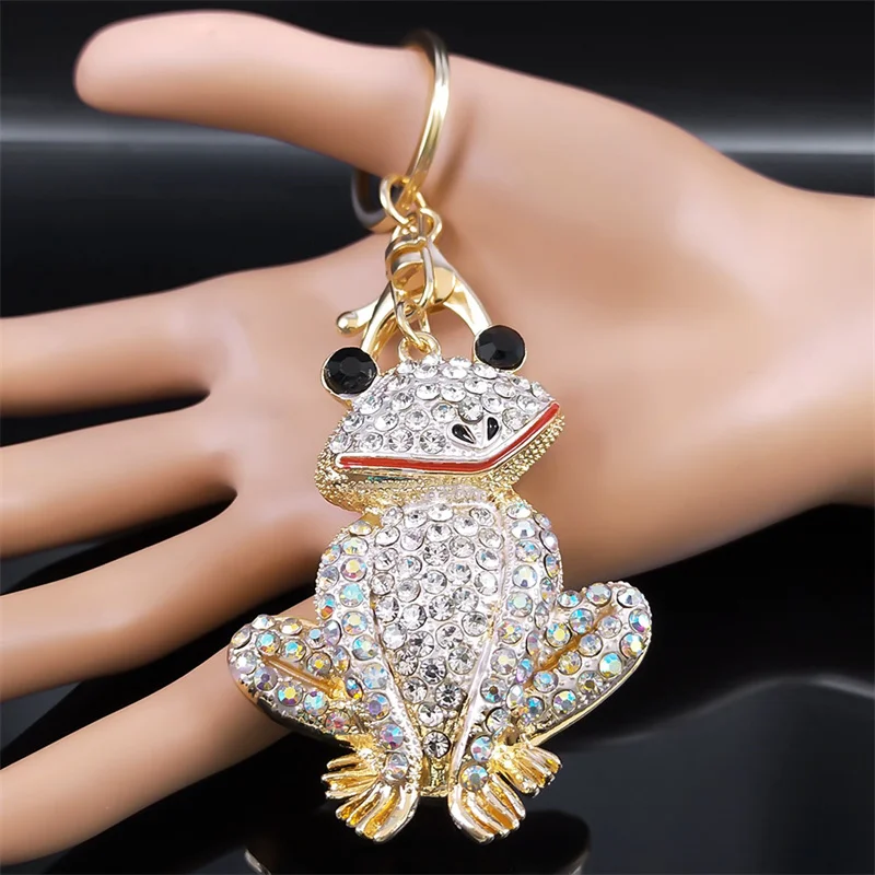 Crystal Wihte Frog Keychain for Women Rhinestone Gold Color Aesthetic Animal Bag Accessories Girlfriend Gift Keyring Jewelry