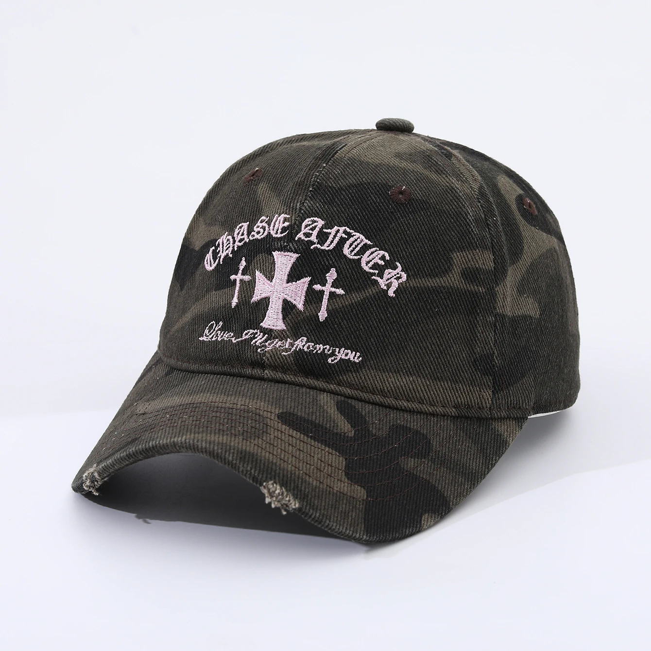 Europäische und amerikanische Mode-Camouflage-Baseballkappe mit gesticktem Schriftzug, weichem Oberteil und Sonnenschutzkrempe – Detail 2