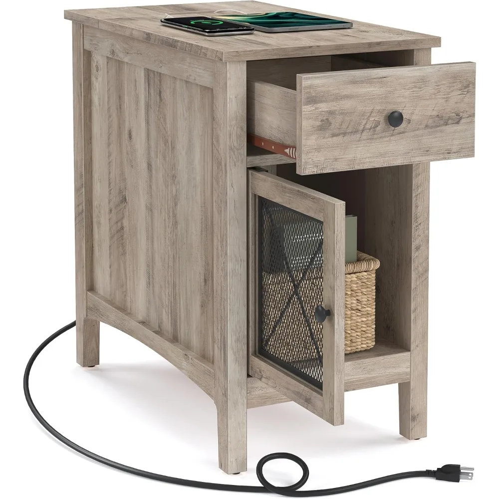 Side Table with Storage, End Table with USB Ports and Outlets, Nightstand with Charging Station, Drawer, Storage Cabinet