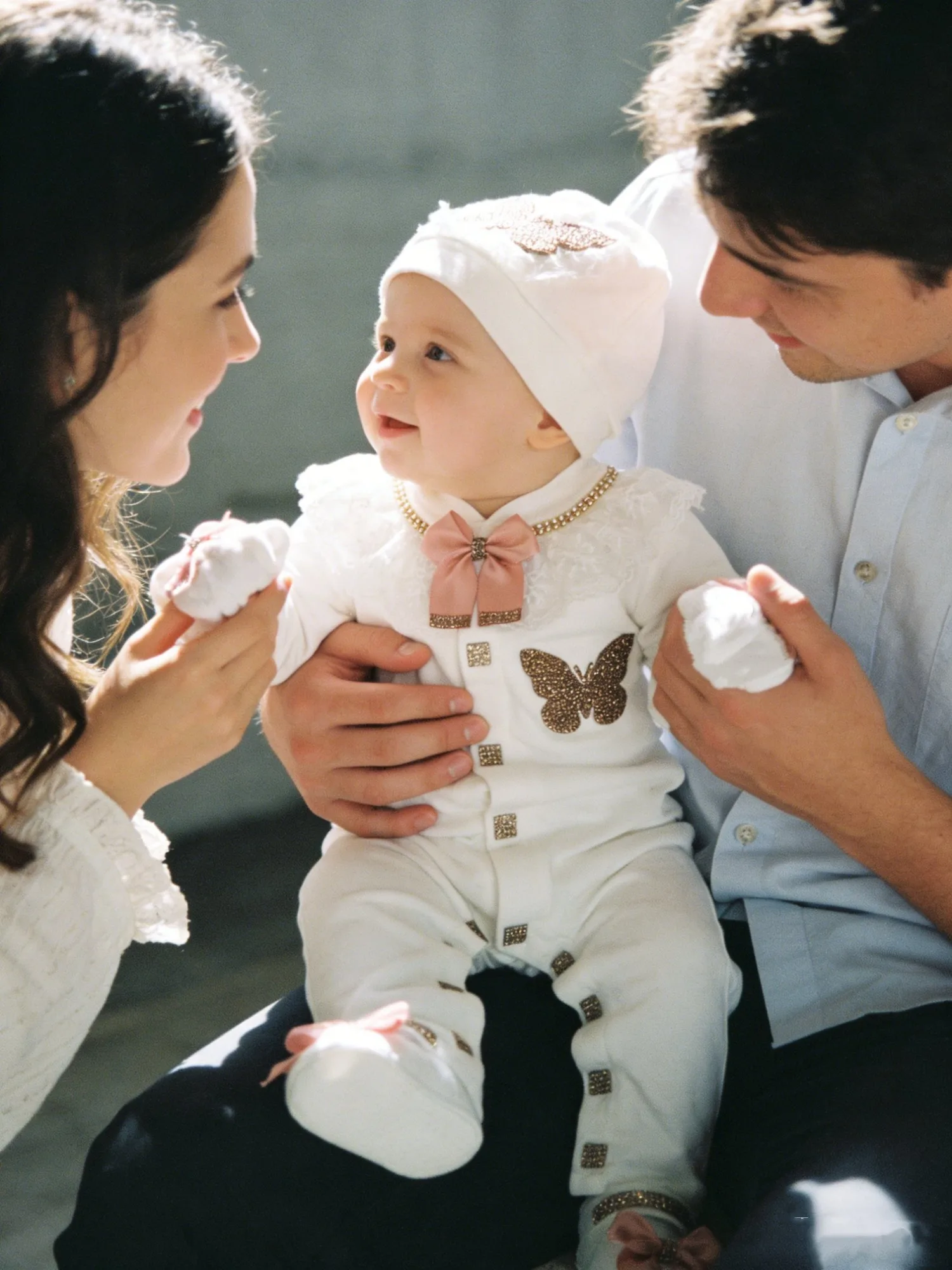

Newborn Girl Pink Butterfly Formal Set - White Pink Outfit for Baptism & 100 Days