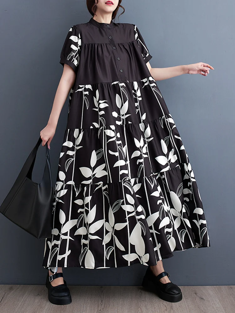 Short Sleeve Vintage Print Long Dresses For Women Summer New In Korean Fashion Loose Casual Dress Robe Elegant Clothing 2023