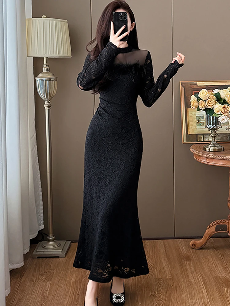 2025 Zwart Kant Patchwork Mesh Sheer Sexy Lange Jurk Vrouwen Elegante Luxe Verstoorde Prom Jurk Herfst Winter Koreaanse Bodycon Jurk