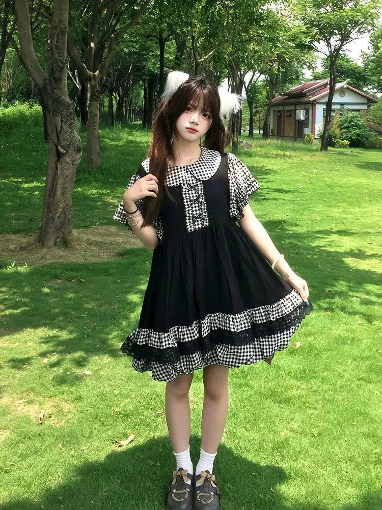 اليابانية منقوشة المرأة فستان الصيف الحلو القوس فراشة كم ريترو فستان فضفاض بيتر بان طوق الدانتيل المرقعة Kawaii فستان جديد