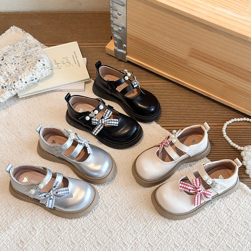 

Girls Strappy Leather Shoes with Sweet Bow 2026 New Spring Toddler Chunky Mary Jane Flats Non-slip Classic Simple Princess Party
