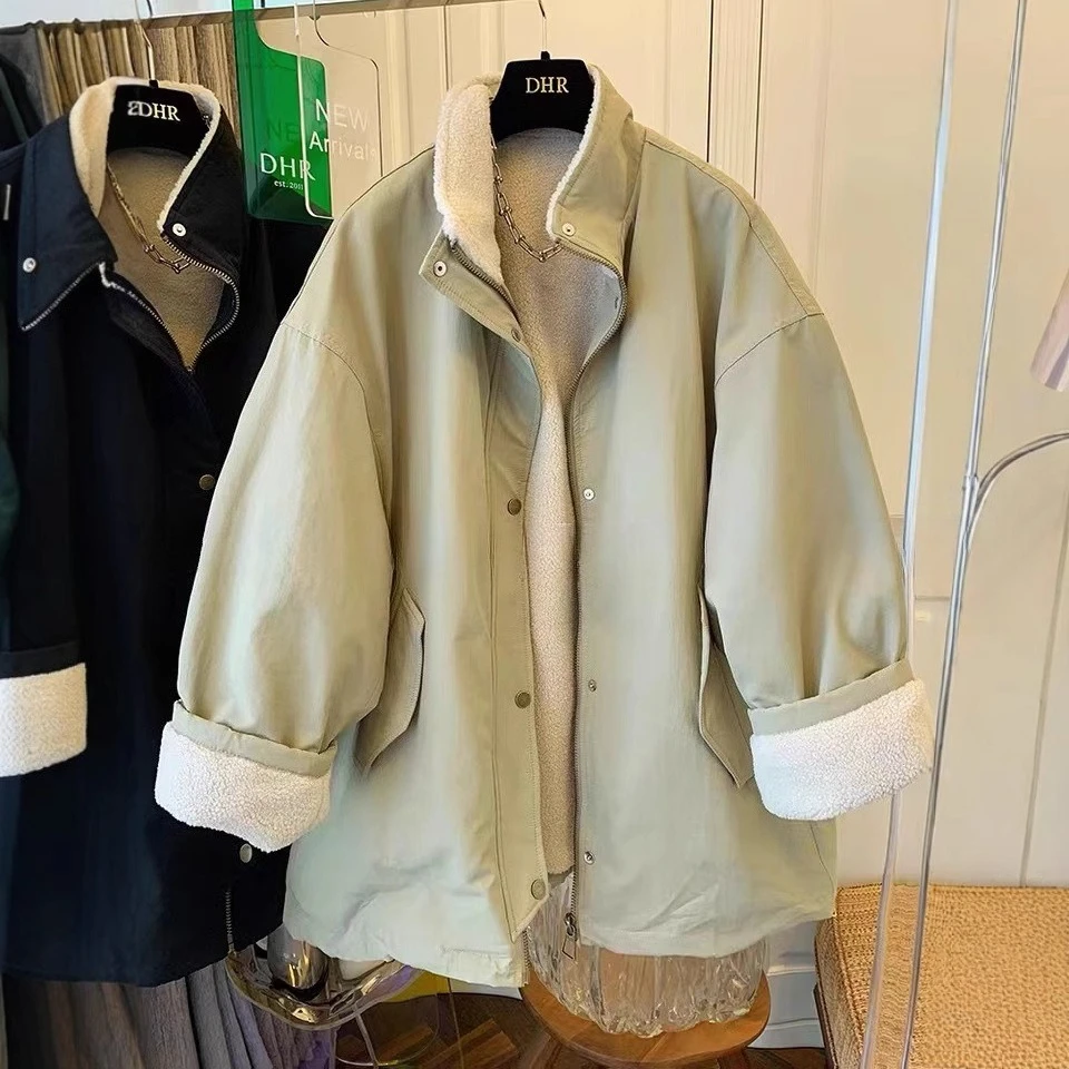 

Jackets Women Cotton Coat Wool Liner Thick Overcoat Stand Collar Zipper Covered Button Office Lady Autumn Winter Outerwear