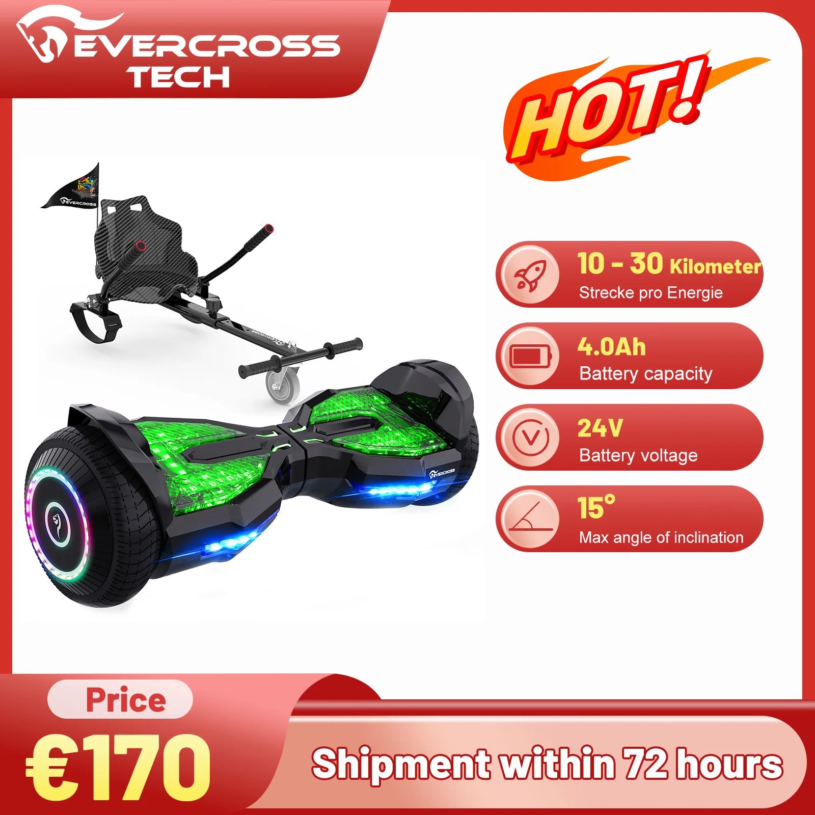 EVERCROSS TECH 6.5-inch Hoverboard with Seat, App-Enabled Bluetooth Hoverboard, with 3 Pedal Lights, Self-Balancing Scooter.