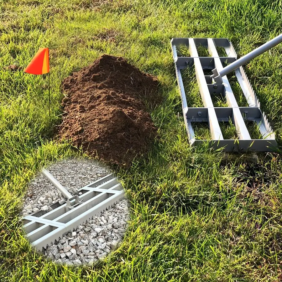 

Leveling Rake, 2in1 Double Side can Switch, with 20pc Marking Flags to Mark Low Spot, Stainless PowderCoat, FLAT Level Soil Dirt