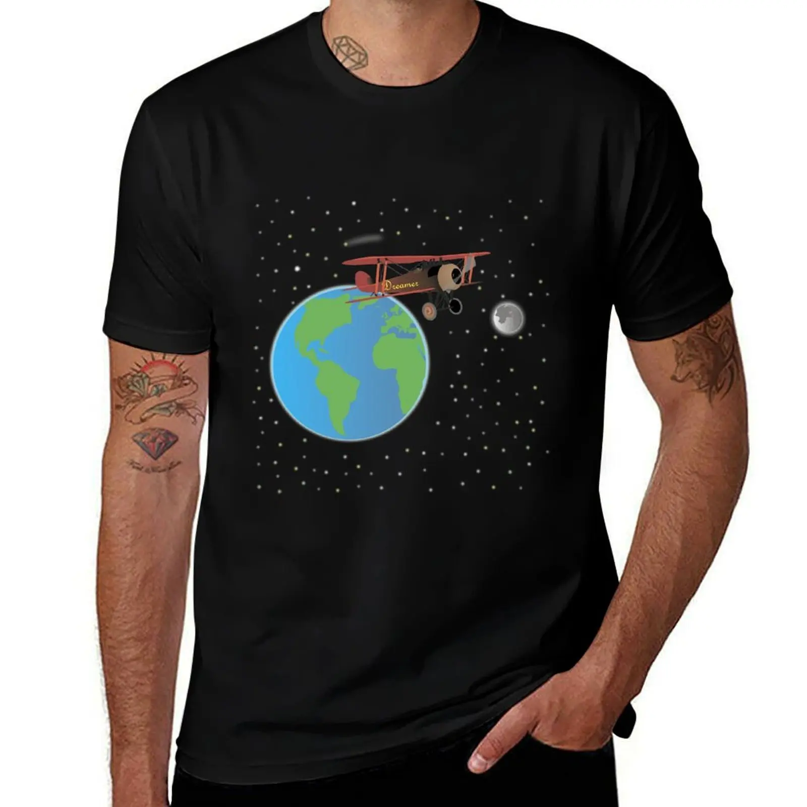 Red Biplane in Outer Space T-Shirt Sports Basic Short Sleeve T-Shirt