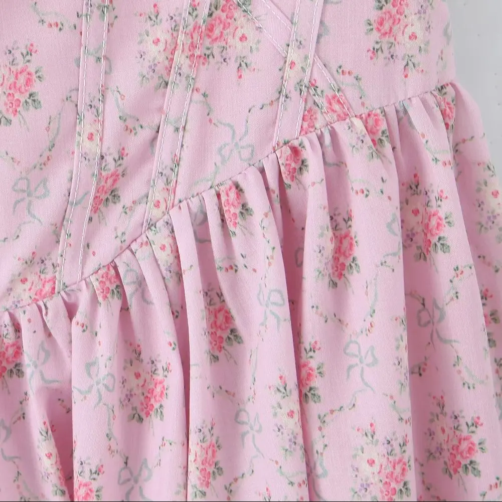 2025 sexy rosa floral impressão emendado gola de renda espartilho sling midi vestido feminino cruz laço até volta cintura baixa balanço vestidos tanque