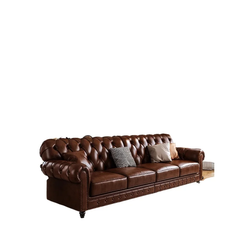 

American retro oil wax leather sofa three or four people straight row antique brown sofa living room villa furniture