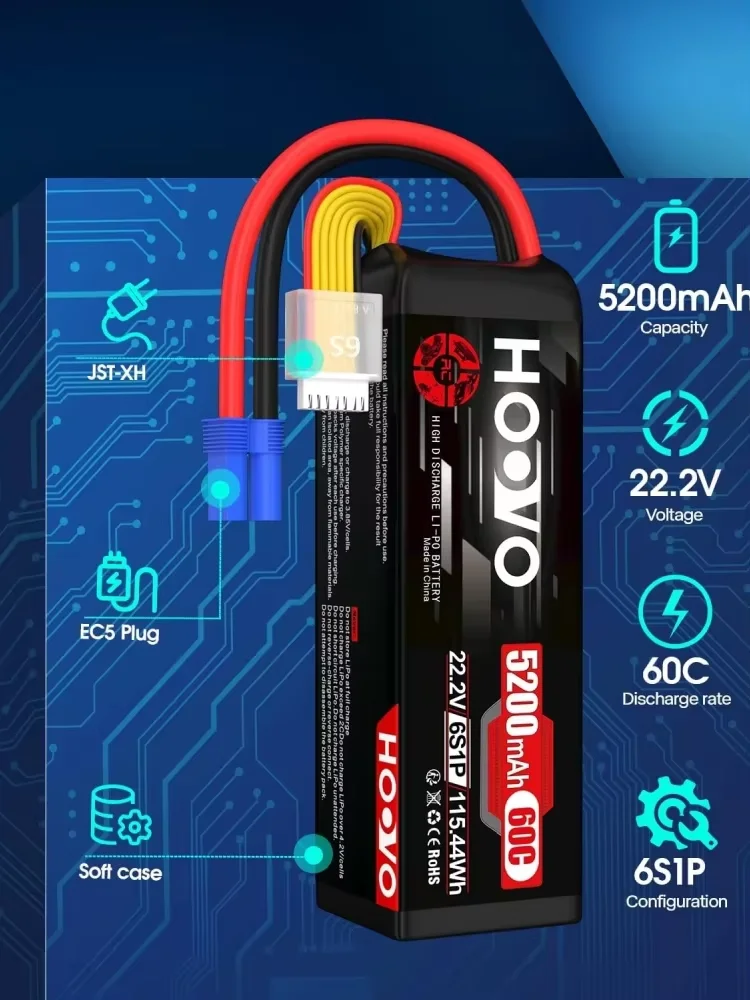 HOOVO 6S 5200mAh RC-Batterien 22,2V 60C LiPo-Batterie mit EC5-Stecker für RC-Flugzeug RC-Hubschrauber Align Flugzeug Hobby 2Packs