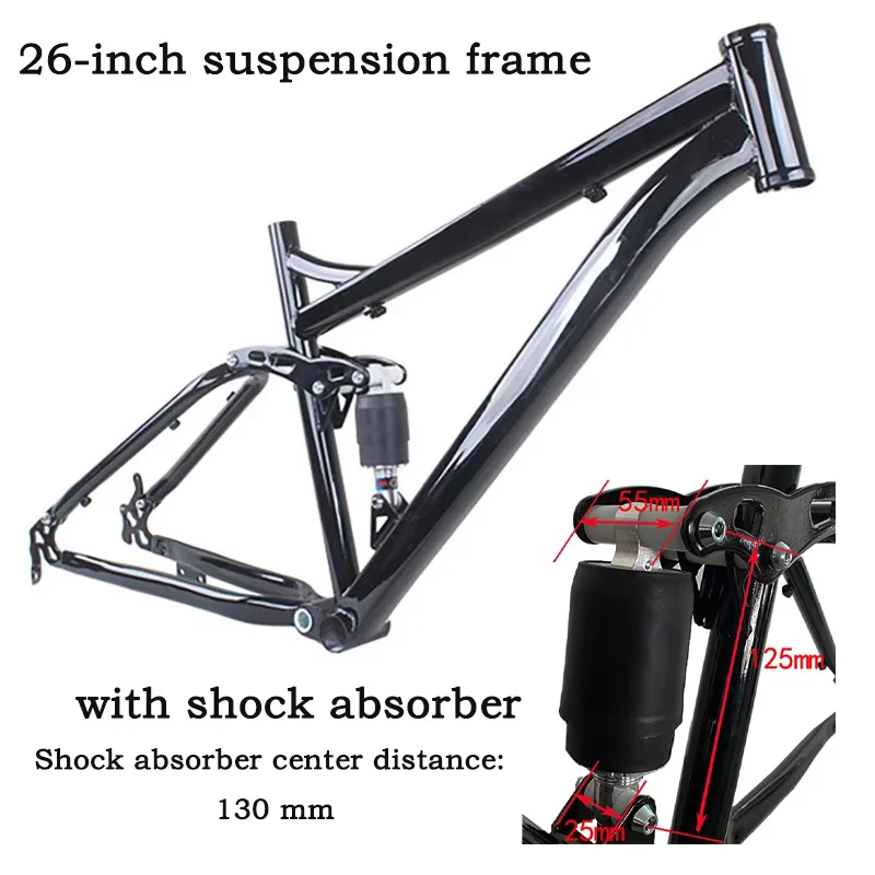 Cuadro de Bicicleta de Montaña (MTB) de 26 Pulgadas con Suspensión Completa, Acero con Alto Contenido de Carbono, Tubo de Asiento de 17 Pulgadas, Tubo de Dirección de 44 mm, Eje Central de 68 mm, Espaciado Trasero de 135 mm, Incluye Amortiguador