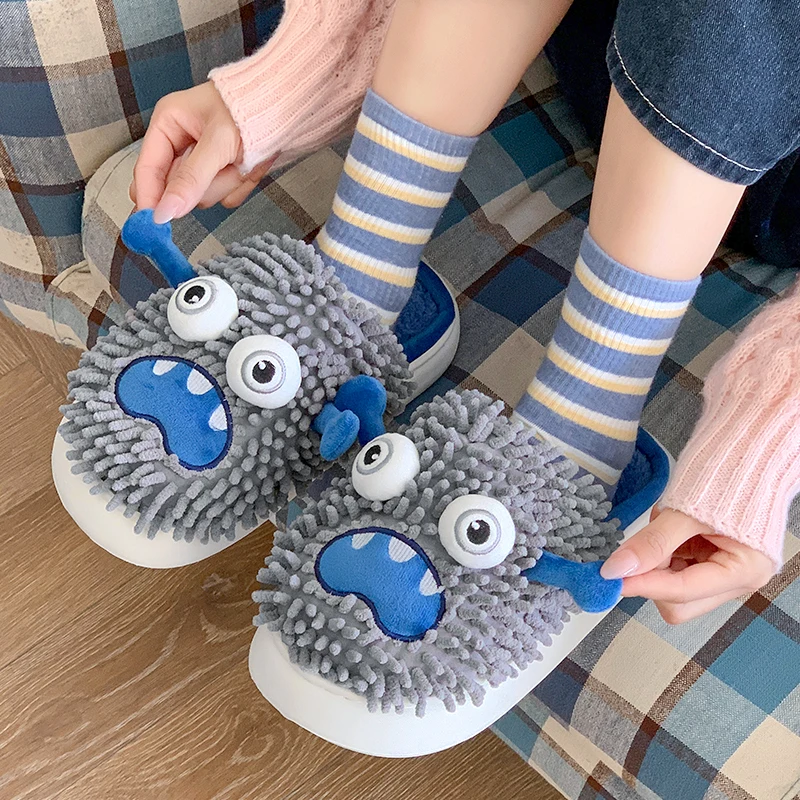 

Funny Monster Plush Slippers for Women Cute Cartoon Thick Bottom Cotton Slippers Woman Light Indoor Non Slip Warm Slides Mujer