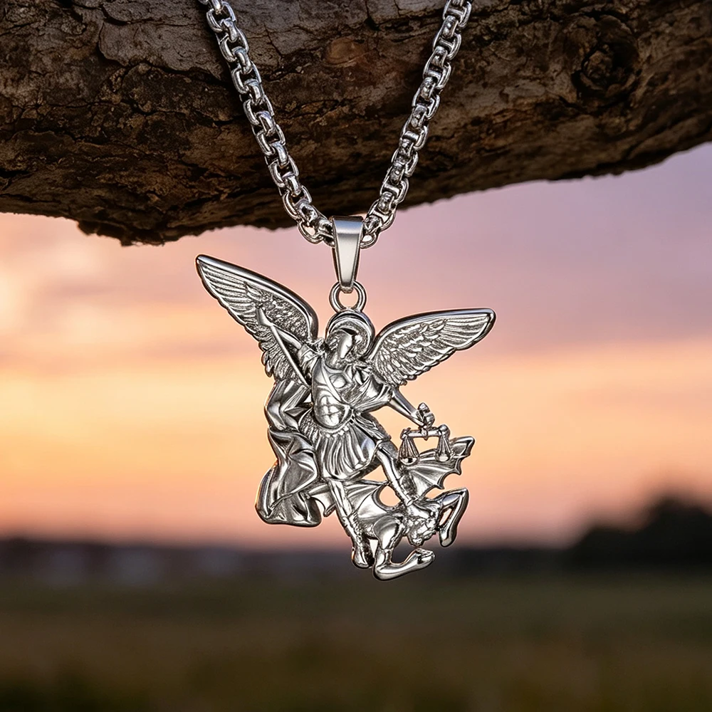 Archangel Michael Men Necklace Saint Christian Catholic Religious Protection Jewelry Stainless Steel Pendant Necklace