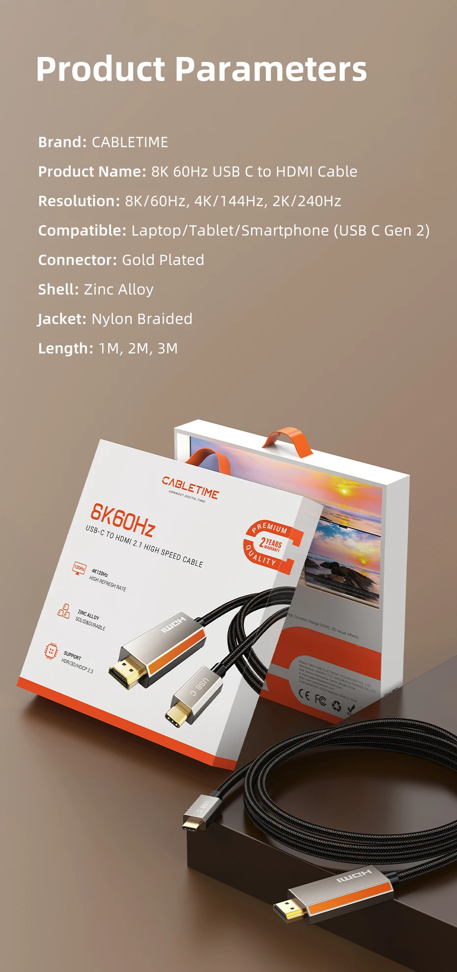 CABLETIME USB C auf HDMI-Kabel 8K/60Hz 4K/144Hz Zinklegierung für MacBook Pro iMac iPad Pro für Samsung Galaxy Typ C auf HDMI 2.1 – Detail 12