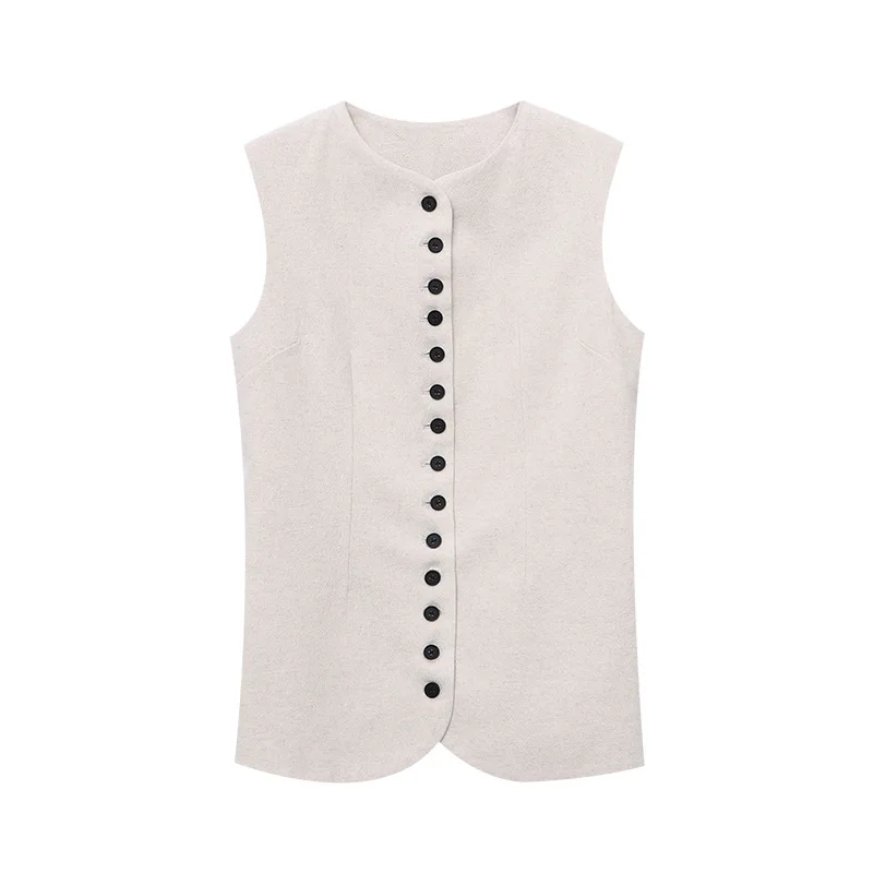 French vintage linen multi-button waistcoat with a waist-cinching design for a slim fit, new style for 2025.