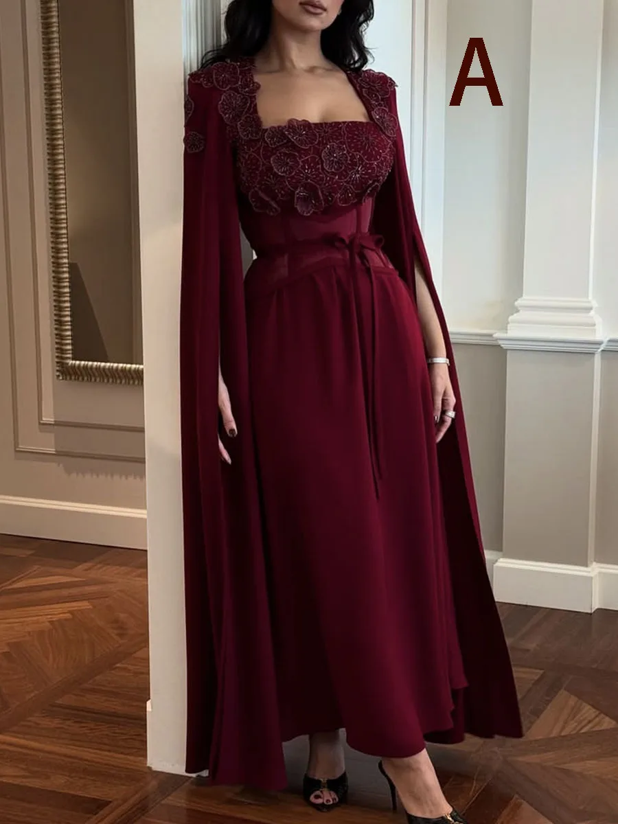 

Customized Evening Dress Burgundy Square Beaded Long Sleeve A Line Ankle Length Vestidos De Fiesta