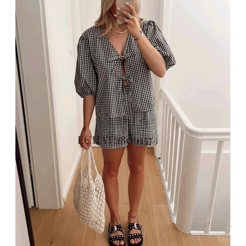 

Spring New Sweet Faion V-ne Bubble Sve Plaid Knot Top High Waist Casual orts Women's Cotton ort Sve Set