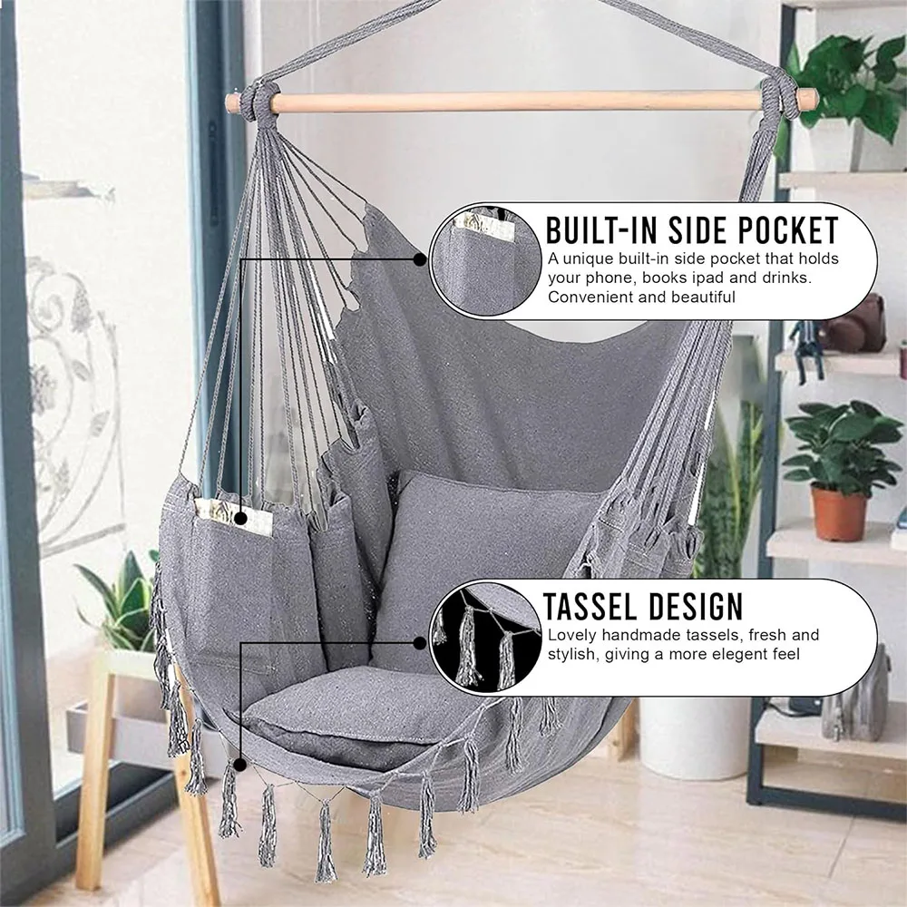 Hanging Rope Hammock Chair Hanging Rope Swing Seat with 2 Pillows Hardware Kit Perfect for Outdoor/Indoor Yard Patio and Garden