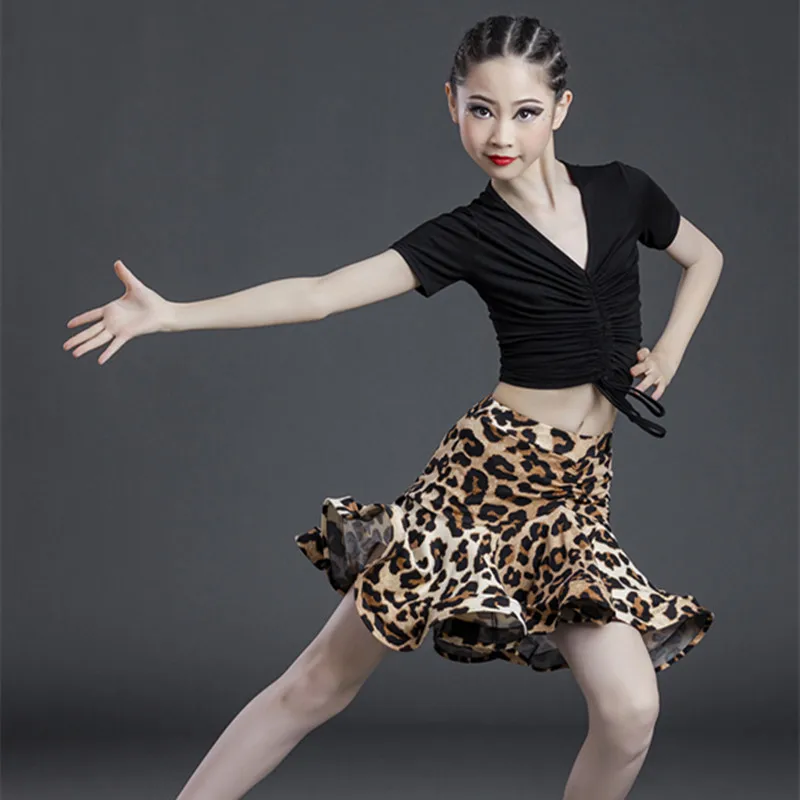 Children's Latin Dance Suit Set Girls' Competition Performance Practice Clothes Modal Long Sleeve Top Leopard Pattern Half Skirt