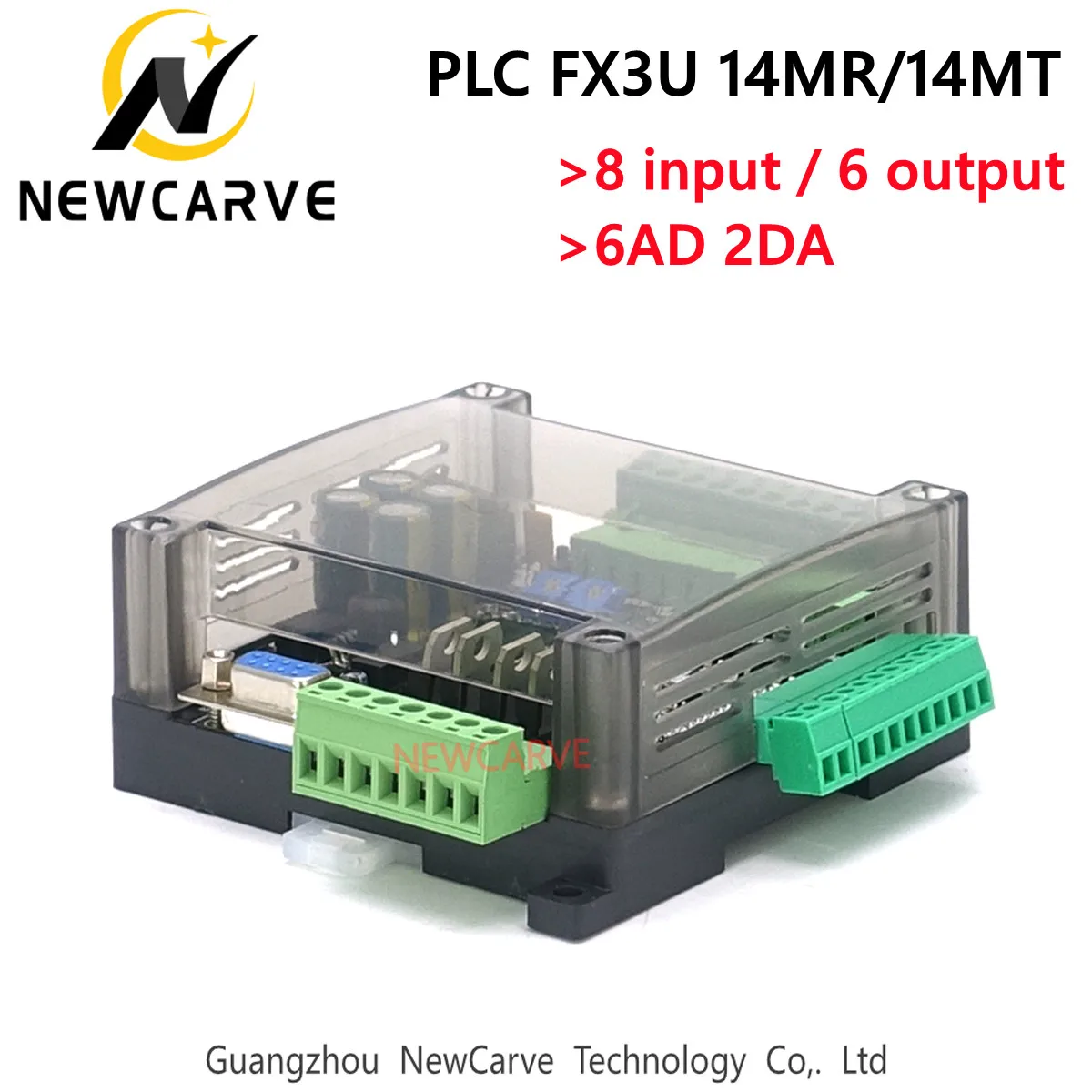 Plc産業用制御ボードFX3U-14MR FX3U-14MT 8入力6出力6AD 2DAとRS485と互換性FX1NとFX2N newcarve