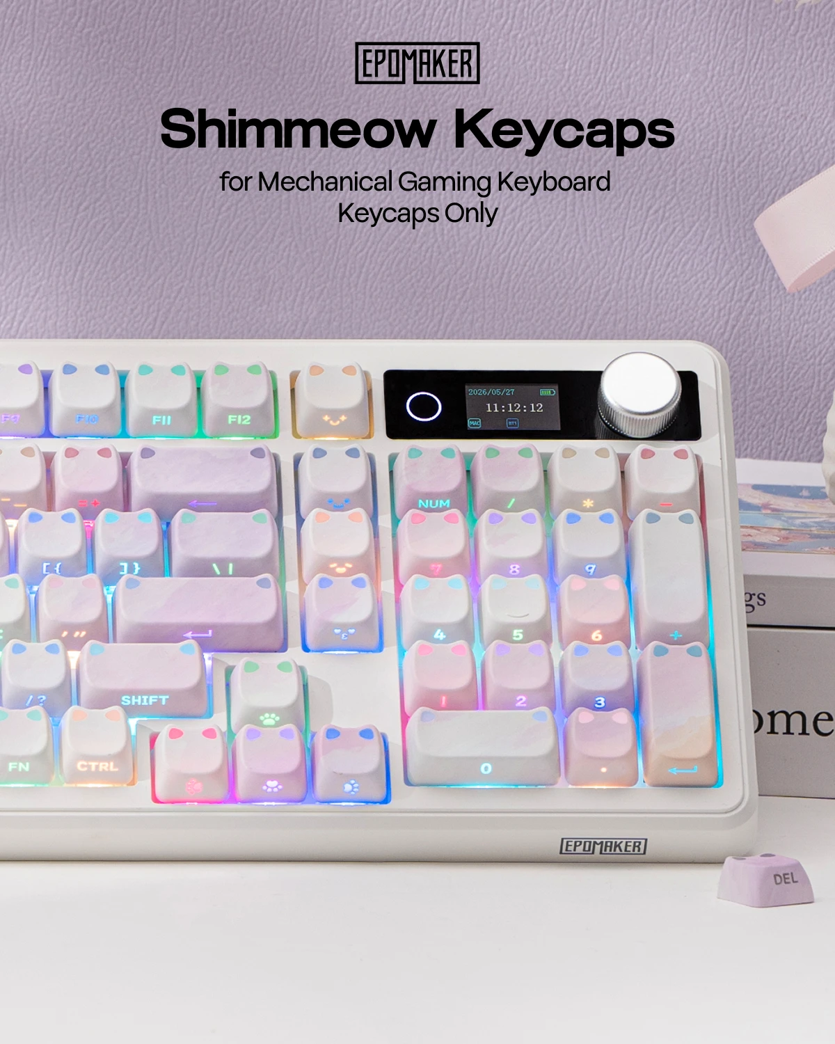 EPOMAKER Shimmeow Keycaps Set 113 Keys MAO Profile Side-Printed Shine Through PBT+PC Material Cute Cat Keycaps MX-Compatible