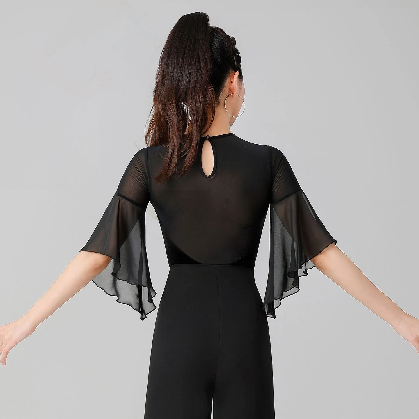 เต้นรํา TOP Ballroom Dance Modern Dance TOP ผู้หญิง Flare Sleeve ตาข่าย Chacha Rumba Tango ชุดเต้นรําละติน DN20696