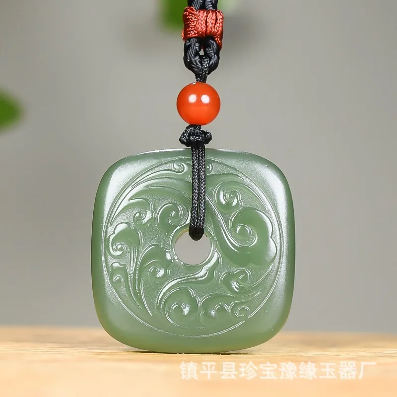 Natural Hetian Jade Square Men Women Stone Luck and Peace Pendant Double-Sided