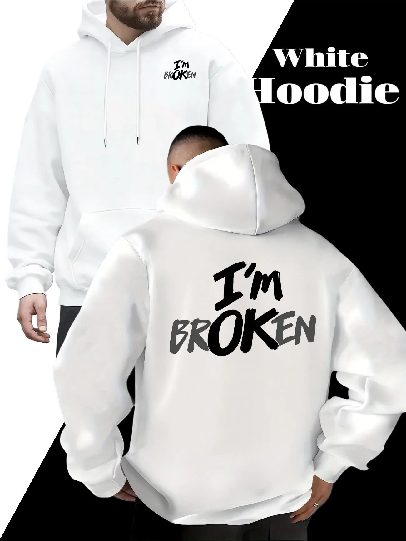 Hoodie in Solid Color with Print Loose Fit for Spring, Autumn and Winter, Back to, Festive Streetwear, Soft Comfortable Versatile Casual Attire, Easy Care Machine Washable