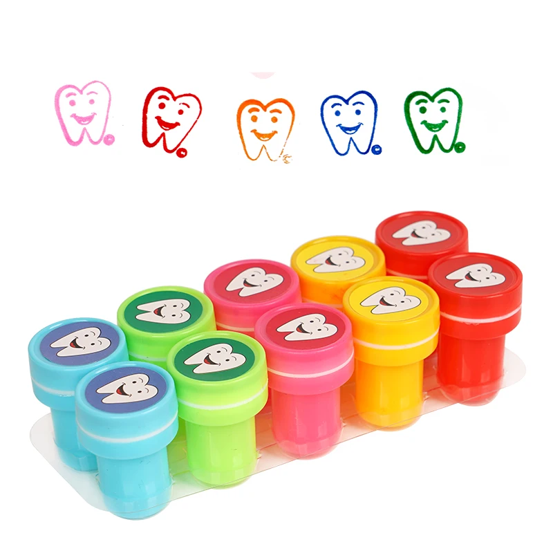 10pcsKids Dentist Gift Smiley Face Tooth Stamper Self-Ink Tooth Pattern Stamps Encouraging Seal Sticker Souvenir for Dental Care