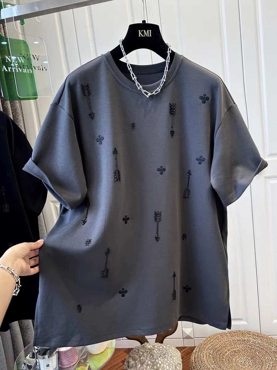 2026 Spring and Summer New Style Pure Cotton Loose Beaded Short-sleeved Fashionable T-shirt Female Top view 4