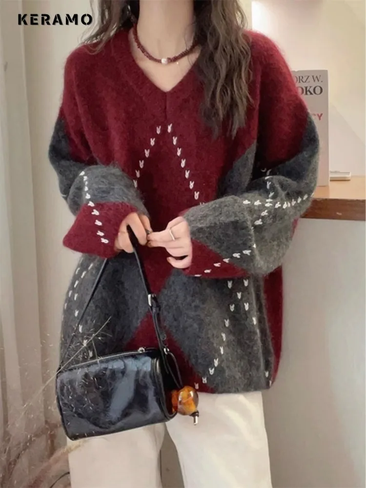 

2025 Winter Casual Retro Knitting Long Sleeve Patchwork Pullovers Korean Fashion Women Chic Coquette V-neck Loose Warm Sweater