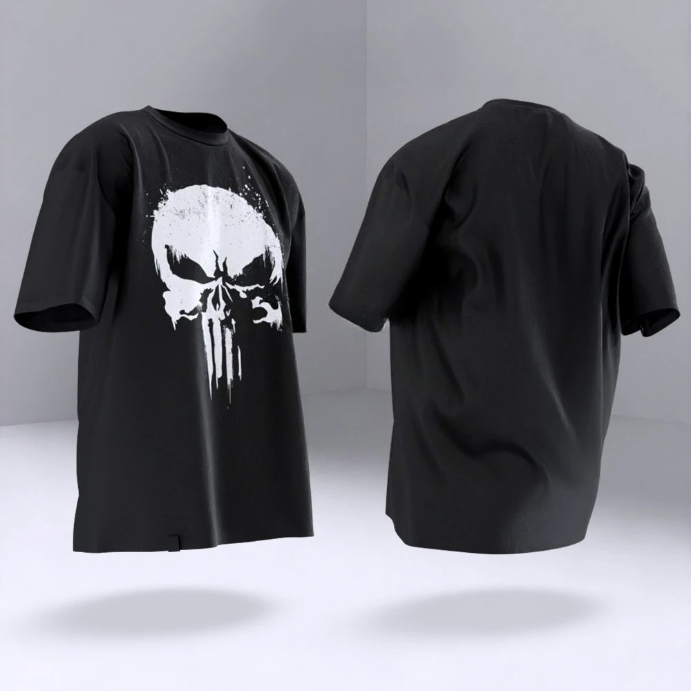 Classic Punisher Skull Oversized Chest Graphic T Shirt Men Summer Cotton Short Sleeve O Neck Casual Black Streetwear Tops - view 3