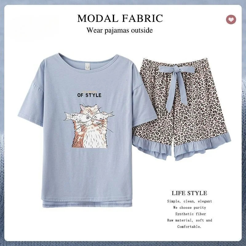 Summer Breathable Cool Cute Cartoon Women's Sleepwear Set Sweet Short Sleeved Shorts Leopard Print Thin Home Clothes Y2K Girl
