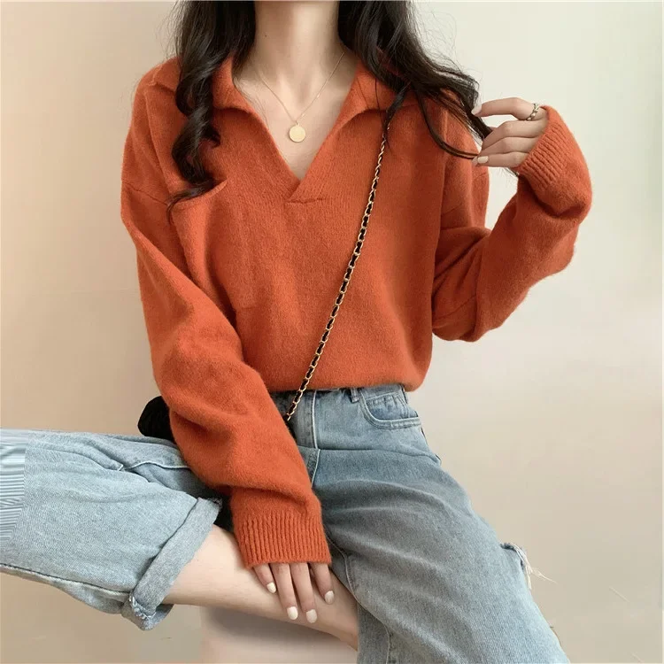 Maglione con scollo a V a maniche lunghe Stile morbido Top lavorato a maglia Dimagrante Retro Moda pigra Casual Autunno Vendita calda della stagione Allentato da donna