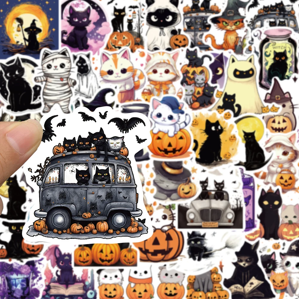 10/30/50pcs Cool Halloween Black Cat Pumpkin Cartoon Stickers Cute Witch Decals Laptop Motorcycle Phone Car Waterproof Sticker