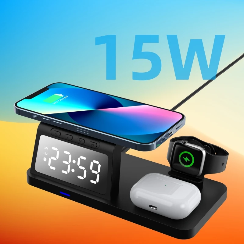 

Electronic LED Alarm Clock with 15W Wireless Charger for Headphone/watch/mobile Phone Bedside USB Charging Clock with USB Output