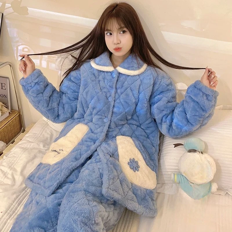 New Pajama Women Winter Thickened Loungewear Coral Velvet Warm Three-layer Cotton Famale Sleepwer Flannel Home Service Suit